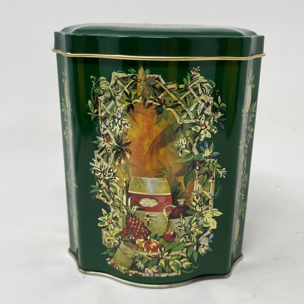 Vtg Christmas Tin Green Floral Pineapple Pattern Made in England Avon 1981