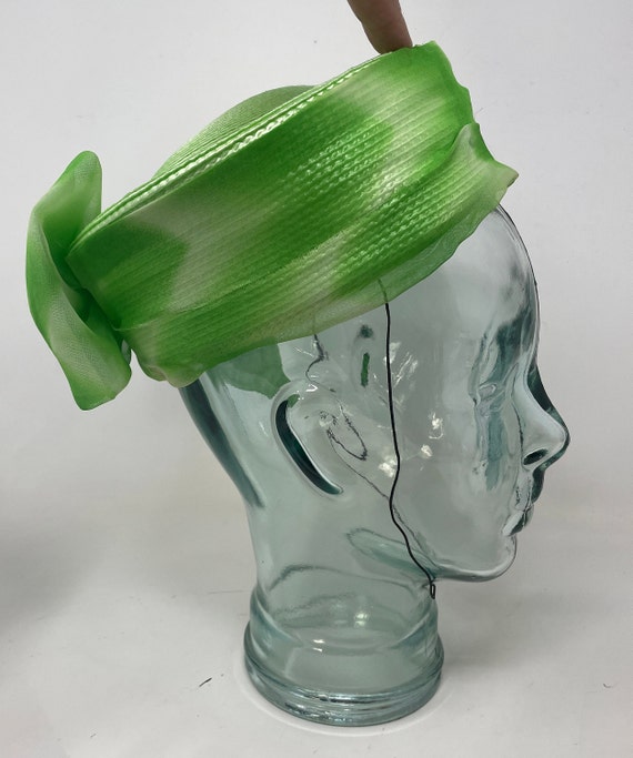 Vtg Lime Green 1980's Pillbox Style Hat Big Bow Em