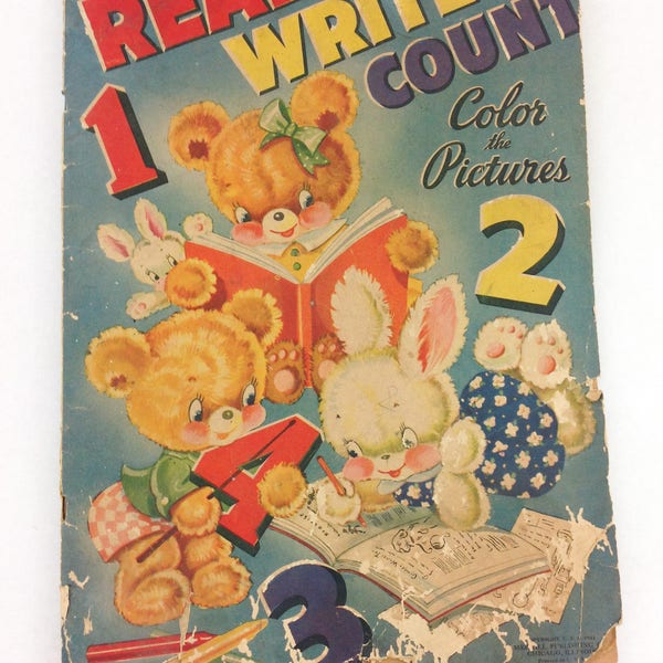 Vintage Children's Workbook 1940's Read Write Count Paper Ephemera Vintage Illustrations Children's Illustrations