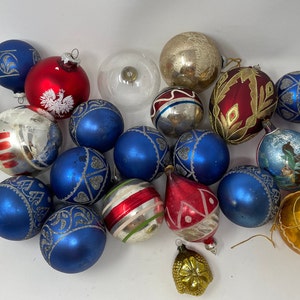Set of 7 Vintage Misc Glass Ornaments Christmas Striped Glitter Stenciled