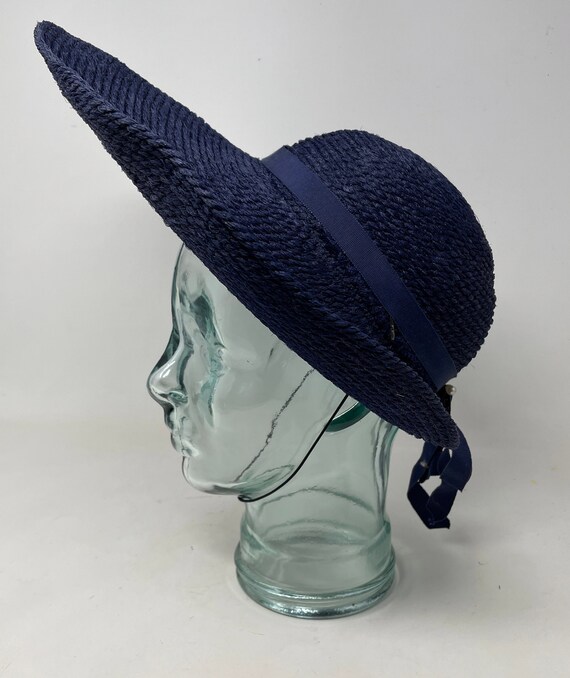 Vtg Wide Brim Summer Floppy Hat Woven Blue Bow Sp… - image 2