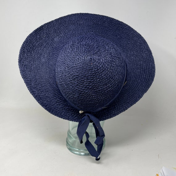 Vtg Wide Brim Summer Floppy Hat Woven Blue Bow Sp… - image 6