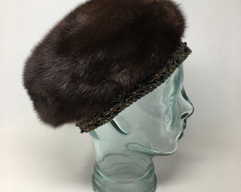 Vtg Women Fur Hat Cloche 1950's Beaded Rim Winter Wedding Retro Fashion