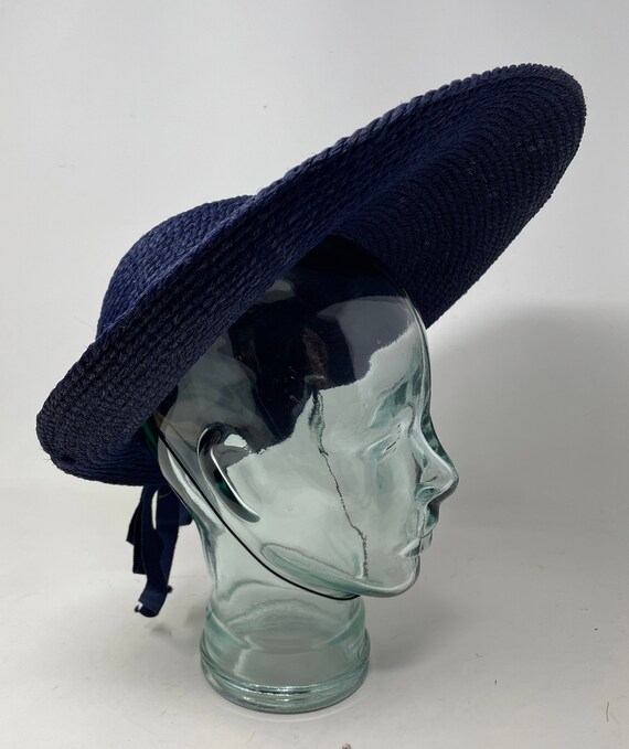 Vtg Wide Brim Summer Floppy Hat Woven Blue Bow Sp… - image 3