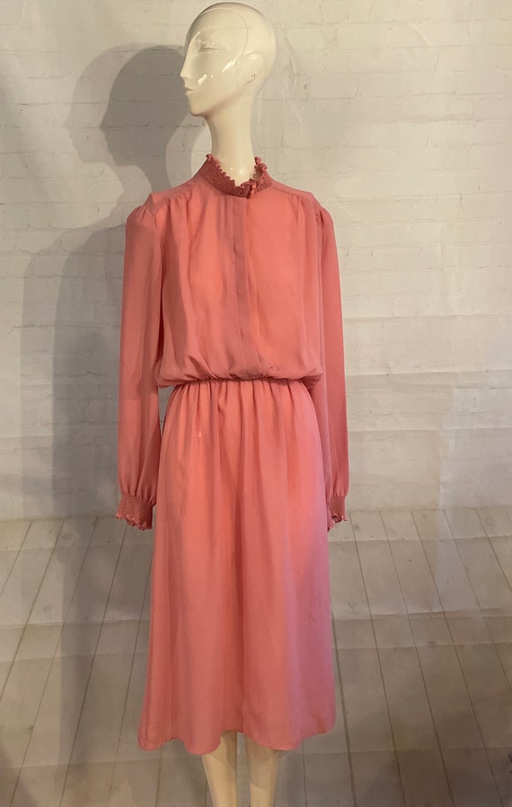Vtg. Pink Polyester Blouson Dress Long Sleeve Elas