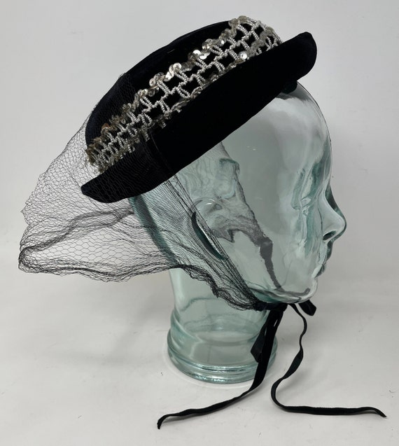 Vtg 1960's Black Velvet Breton Hat Chin Tie Sequin