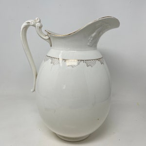 Vtg. White Ironstone Large Pitcher Gold USA Farmhouse Country Rustic Home Decor