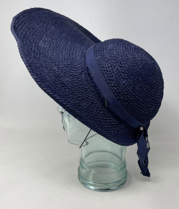 Vtg Wide Brim Summer Floppy Hat Woven Blue Bow Sp… - image 5