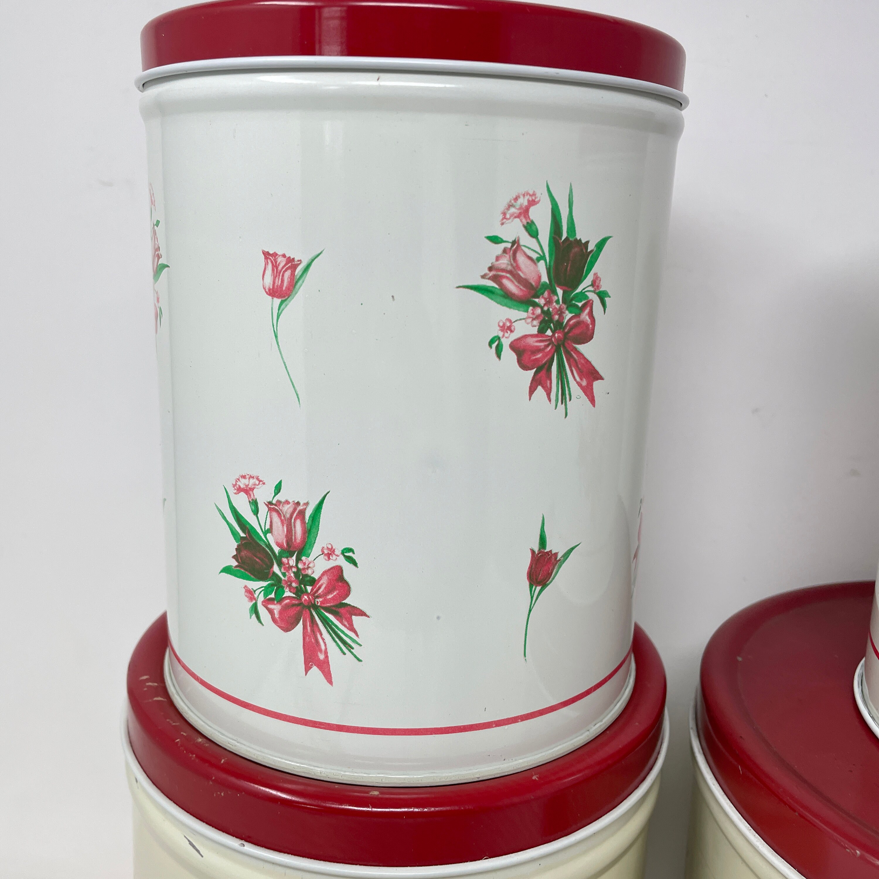 4 Piece Vtg. Tin Canister Set Red Floral Kitchen Storage Etsy