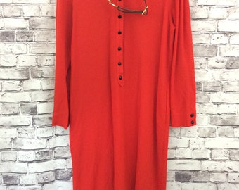 Vintage Saks Fifth Avenue Jerry Silverman Designer Dress Calderon Belt Red Long Sleeve Shift Button Down Mid Century Retro