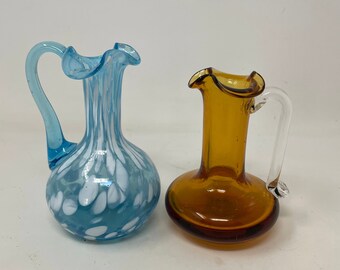 2 Vtg. Blown Glass Pitchers Miniature Amber Blue White Swirl Home Decor