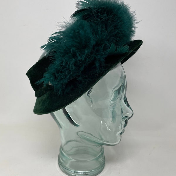 Vtg Dk Green Velvet Crownless Sun Hat Wide Brim Feathers Hat Pin 1960's