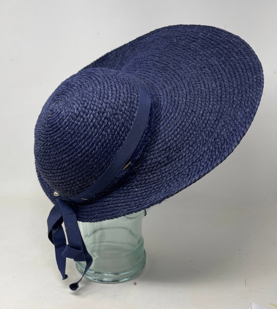 Vtg Wide Brim Summer Floppy Hat Woven Blue Bow Sp… - image 4