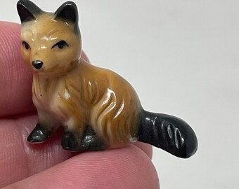 Vintage Miniature Porcelain FOX Figurine, Brown Black Tail, 1.25”, Bone China