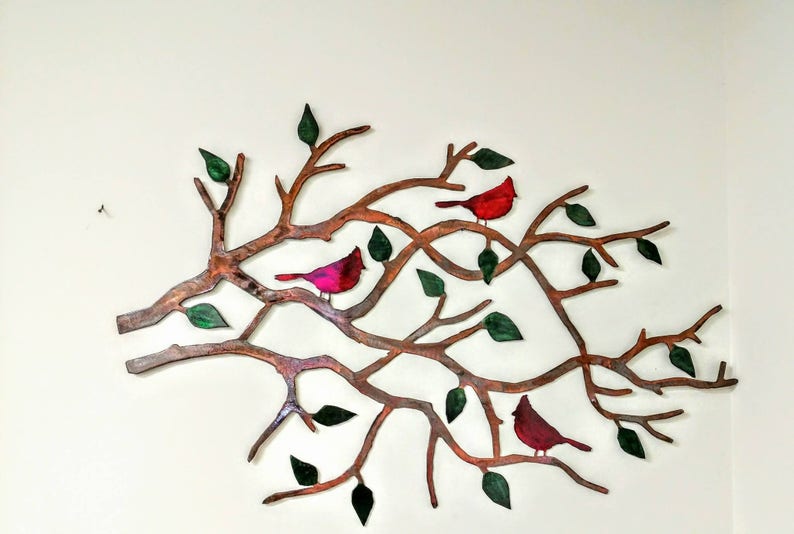Birds on a Branch Metal Wall Art Tree Branch with Red Birds Etsy