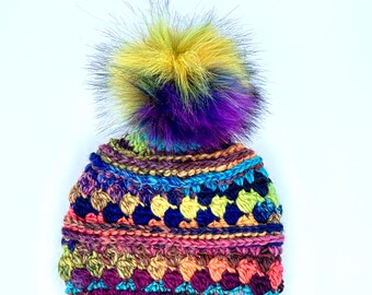 手編みウール帽子 マルチカラー マルチカラーのレインボーウール混紡かぎ針編み冬用帽子 - Etsy 日本