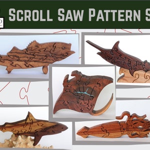 Sea life scroll saw puzzle pattern set #1, Shark, Squid, Marlin, Bass, Manta ray, Wooden puzzle plan, Free standing interlocking puzzle