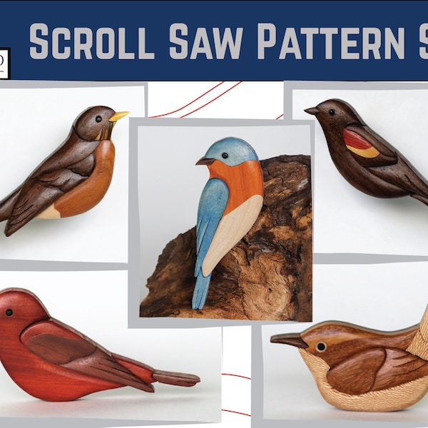 Songbird mini intarsia pattern set, House Wren, Bluebird, Robin, Scarlet tanager, Red-winged blackbird, Scroll saw wooden magnet / ornament