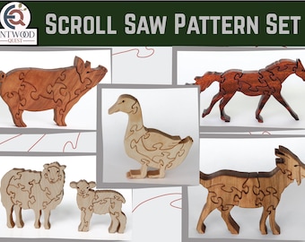 Farm animal scroll saw puzzle pattern set, Duck, Horse, Pig, Goat, Sheep, & Lamb, Wooden puzzle plan, Free standing interlocking puzzle