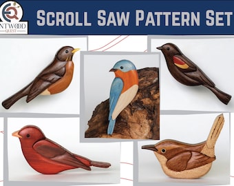 Songbird mini intarsia pattern set, House Wren, Bluebird, Robin, Scarlet tanager, Red-winged blackbird, Scroll saw wooden magnet / ornament