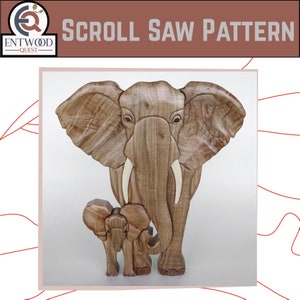 Elephant & calf intarsia pattern, Scroll saw wall hanging, Wooden home décor, DIY woodworking plan, Asian / African wildlife art