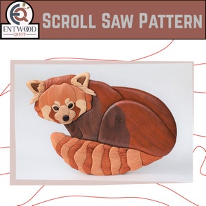 May include: A wooden scroll saw pattern of a red panda sitting with its tail curled around its body. The pattern is made of different shades of wood, creating a realistic look.