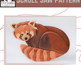 Red panda intarsia pattern, Scroll saw wall hanging, Wooden home décor, DIY woodworking plan, Scroll saw wood project, Asian wildlife