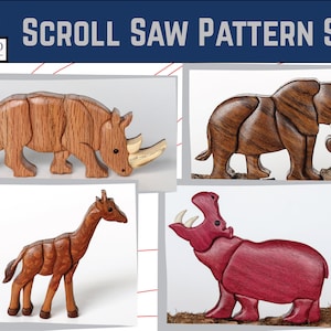 Könnte beinhalten: Ein Set mit vier Laubsäge-Mustern mit Holztierfiguren: ein Nashorn, ein Elefant, eine Giraffe und ein Flusspferd. Das Nashorn und der Elefant sind aus braunem Holz, die Giraffe aus hellbraunem Holz und das Flusspferd aus tiefrotem Holz.