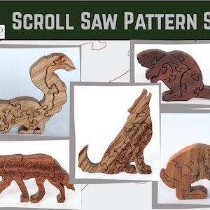 North American wildlife scroll saw puzzle pattern set #2, Beaver, Rabbit, Coyote, Wolf (sitting), Squirrel, Free standing wooden puzzle