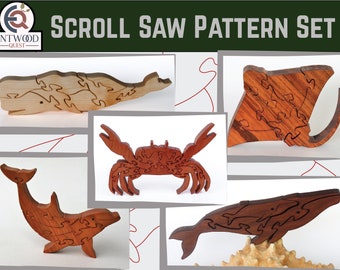 Sea life scroll saw puzzle pattern set #2, Sperm whale, Bull-nosed Stingray, Crab, Dolphin, Humpback whale, Free standing wooden puzzle plan