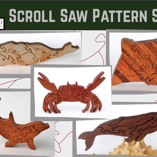 Sea life scroll saw puzzle pattern set #2, Sperm whale, Bull-nosed Stingray, Crab, Dolphin, Humpback whale, Free standing wooden puzzle plan