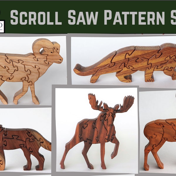 North American wildlife scroll saw puzzle pattern set#1, Deer, Ram, Cougar, Wolf (standing), Moose, Wooden puzzle plan, Free standing puzzle