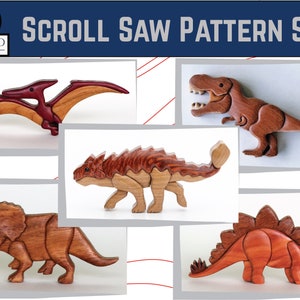 May include: A set of five scroll saw patterns featuring dinosaurs. The patterns include a Pterodactyl, a Tyrannosaurus Rex, a Triceratops, a Stegosaurus, and an Ankylosaurus. The patterns are made of wood and are ready to be cut out.