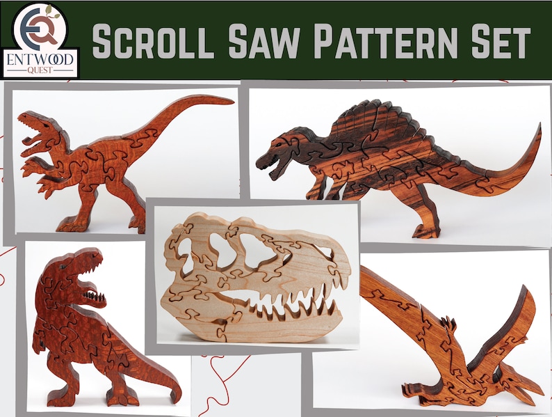Dinosaur Scroll Saw Puzzle Pattern Set, Trex Skull, Pterodactyl