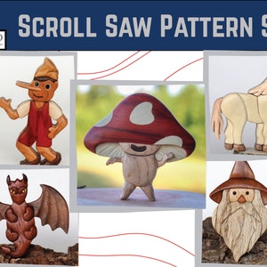 Mythical creatures mini intarsia pattern set, Unicorn, Wizard, Pinocchio, Funguy, Baby Dragon, Scroll saw wooden magnet / ornament