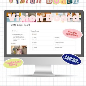 以下が含まれることがあります： 「notion」と「Vision Board」の文字が上部に表示された「Vision Board」インターフェースを表示するコンピューターモニター。画面には、キャリア、財務、健康などのセクションが表示され、「Monthly reflections」や「Automated Goal Tracking」などのラベルが付いています。