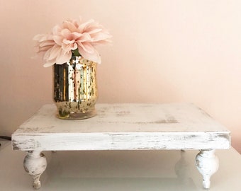 Distressed White Farmhouse Wood Riser – Shabby Chic Pedestal Tray