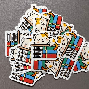 Cat Book Stickers - Cat and Book Sticker, Waterproof Cat Sticker, Cute Water bottle Sticker