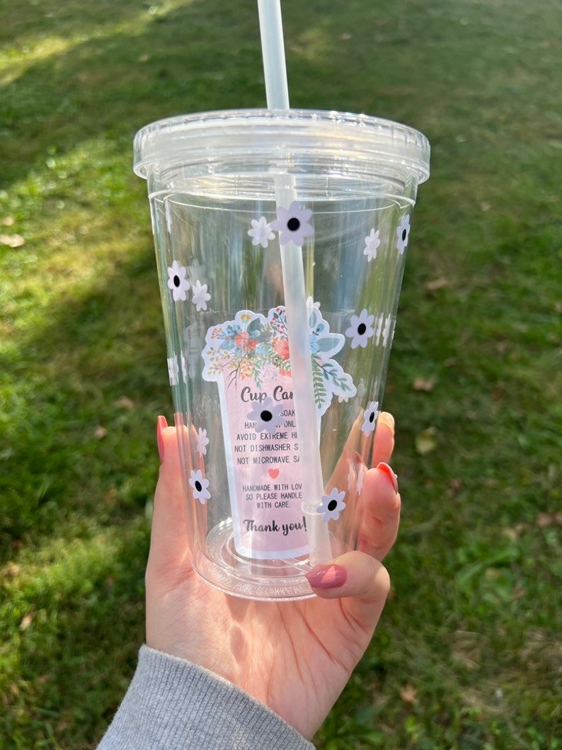 Daisy Tumbler With Straw Cup Clear Cold Beverage Tumbler Cute Etsy