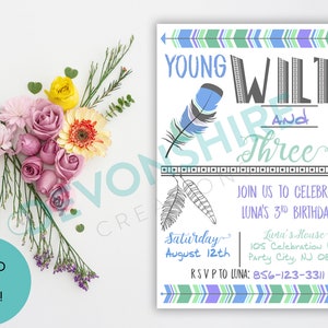 BEARBEITET für DICH - Young Wild and Three Blue Custom Invitation, Three Invitation, Third Birthday Digital download