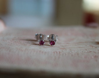 Ruby Gemstone Tiny Silver Studs 92.5 Prong Setting, Ruby Sterling Silver Earrings Stud