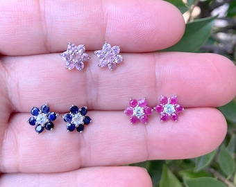 Natural Ruby, Blue Sapphire, Pink Sapphire Sterling Silver Earrings Stud, Ruby Earrings, Blue Sapphire Earrings, Pink Sapphire Earrings
