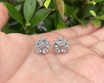 Heart Flower Sky Blue Topaz Gemstone Sterling Silver Earrings Stud, Sky Blue Topaz Earrings, Sky Blue Topaz Flower Earrings, Topaz Jewelry