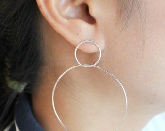Sterling Silver Hoop Earrings, Circle Drop Earrings, Minimalist Hoop Earrings, Silver Double Hoop Earrings, Interlocking Earrings