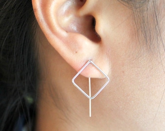 Sterling Silver Rhombus Earrings, Geometric Silver Ear Jacket, Minimalist Sterling Silver Earrings, Sterling Silver Ear Jacket, Solid Silver