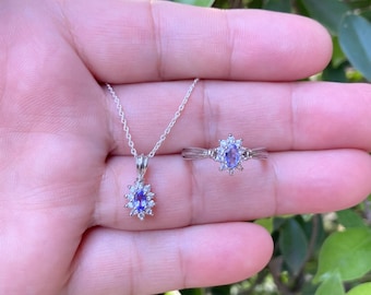 Sterling Silver Tanzanite Ring and Pendant Set with White Zircon
