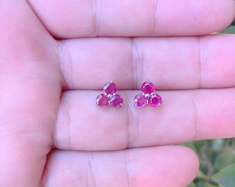 Natural Ruby Triple Stone Sterling Silver Earrings Stud, Ruby Earrings, Ruby Studs, Ruby Jewelry, Ruby Precious Gemstone Earrings