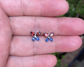Red Garnet and Blue Sapphire Earrings Stud, Sterling Silver Red Garnet and Blue Sapphire Butterfly Earrings, Silver Butterfly Earrings
