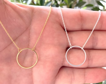 Sterling Silver Karma Circle Necklace, Minimalist Geometric Pendant