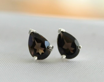 Smoky Quartz Gemstone Silver Studs 92.5 Prong Setting, Smoky Quartz Earrings